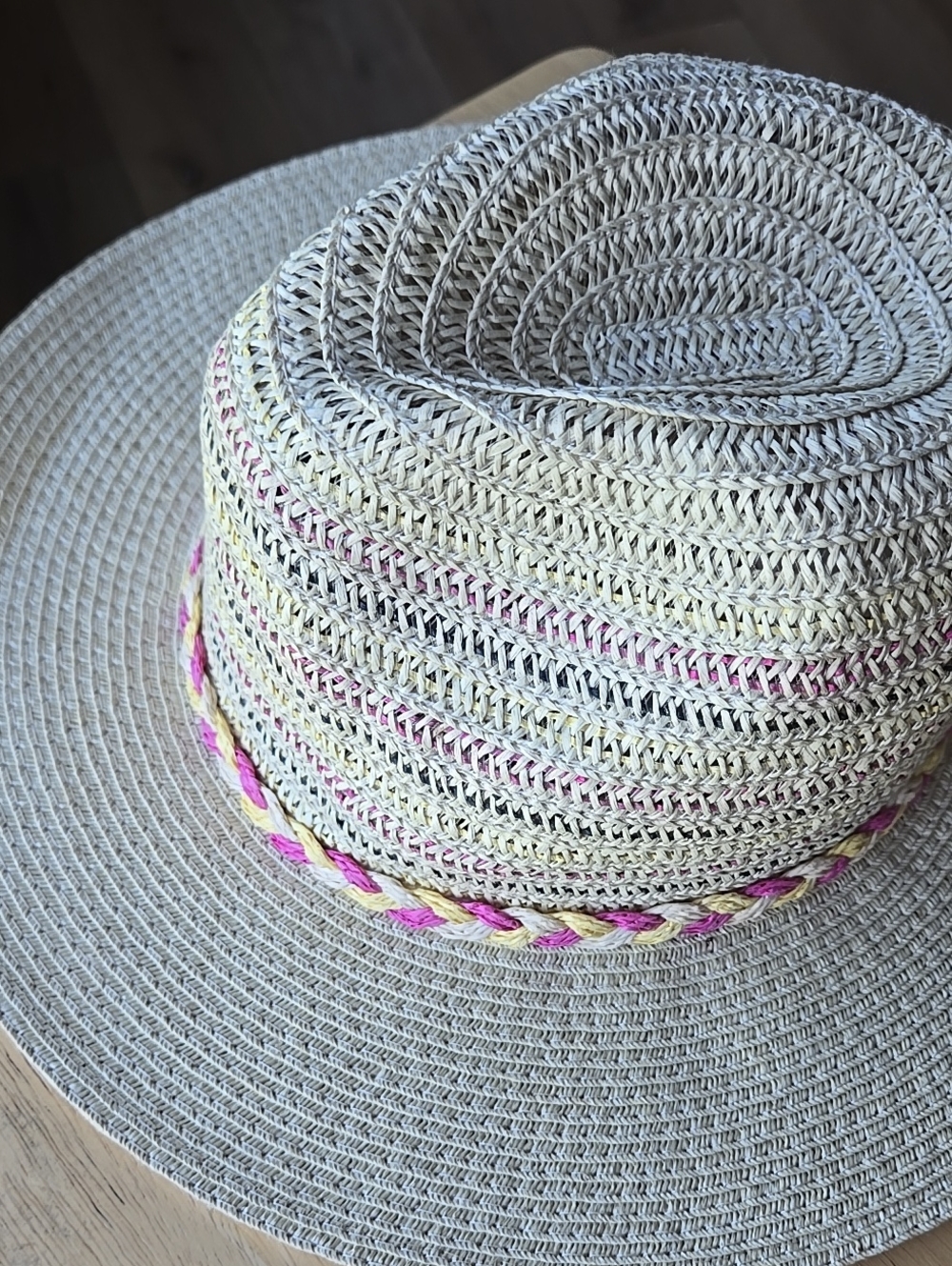 Fedora Braided Sun Hat Pink Yellow Braided Band Cream Tan Festival Vacation - Picture 11 of 16